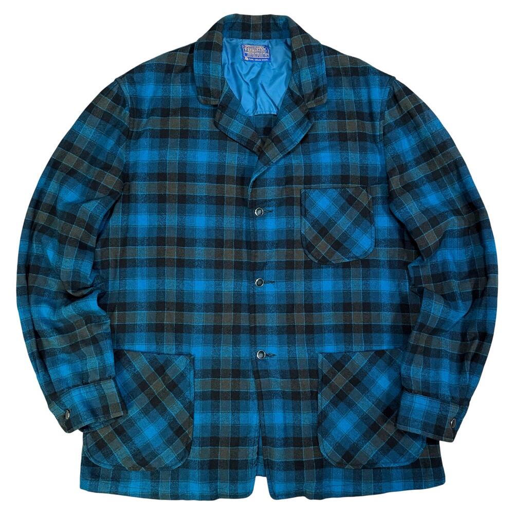 Vintage Pendleton Wool Plaid Chore Coat Blue Black USA Made Button Front Large
